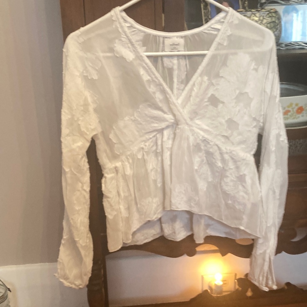 Wilfred textured sheer peplum blouse.
Size xxs. Floral embroidery lace.
